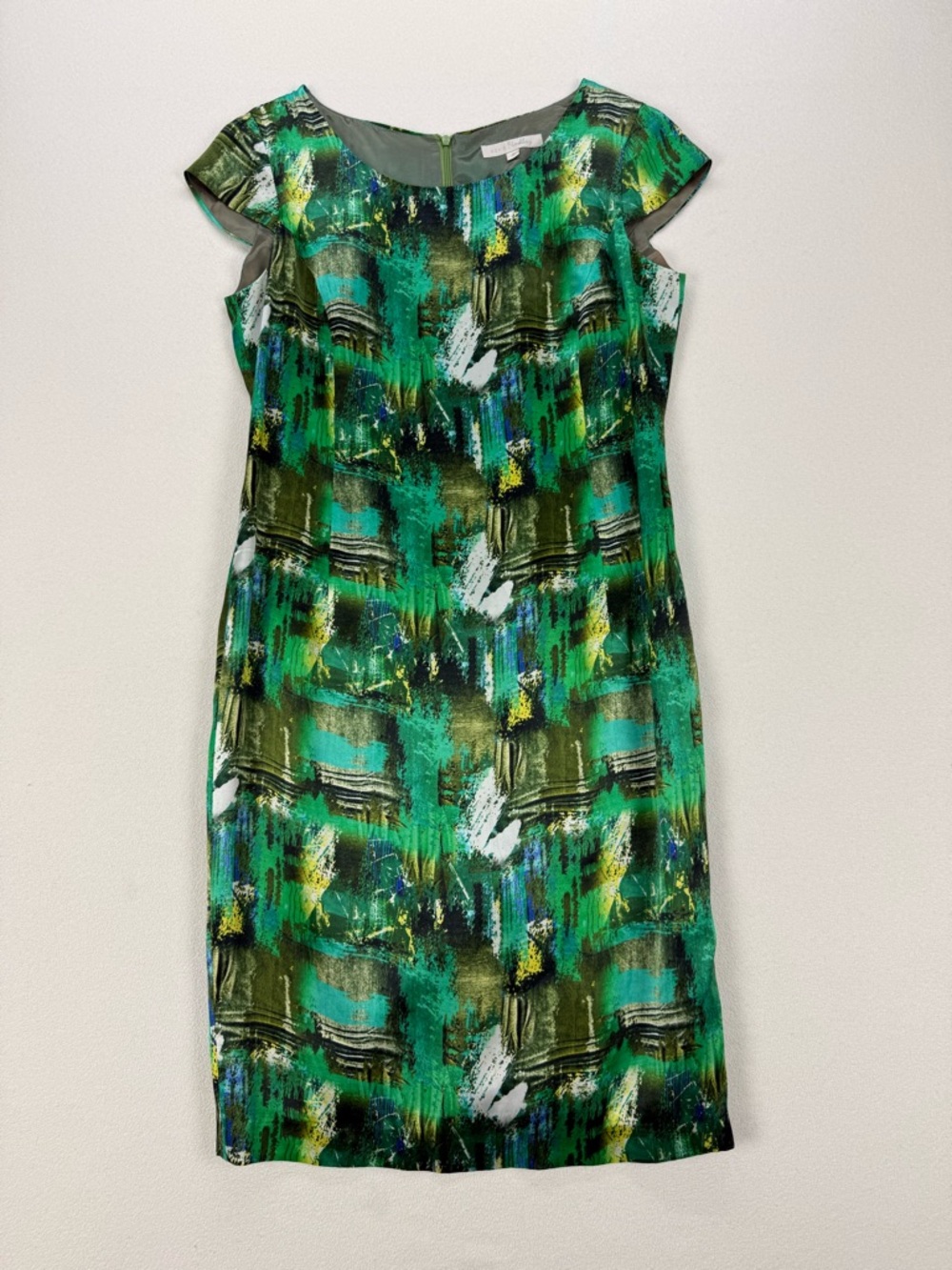 David Findlay 100% Silk Abstract Green Shift Dress Luxe Art Print Made in Canada
